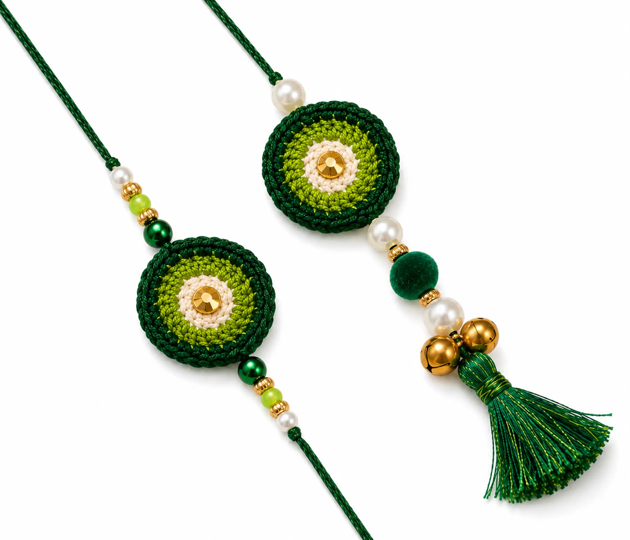 Handmade Concentric Green Crochet Bhai Bhabhi Rakhi Set for Raksha Bandhan